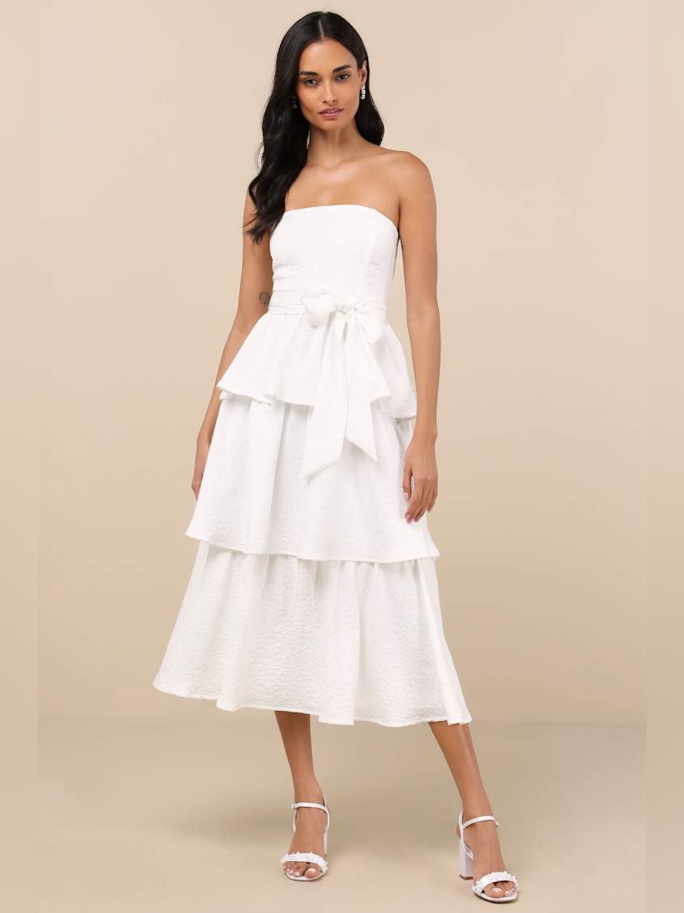 Lulus Truly Marvelous White Jacquard Strapless Tiered Midi Dress S NWT